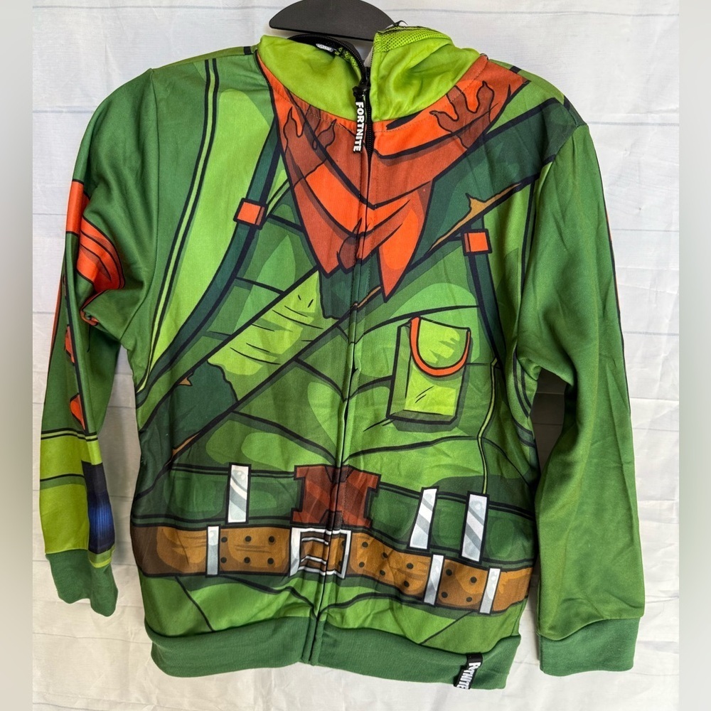 Fortnite Hoodie Boys M Green Dino Rex Costume Full Zip Cosplay Gamer Sweatshirt